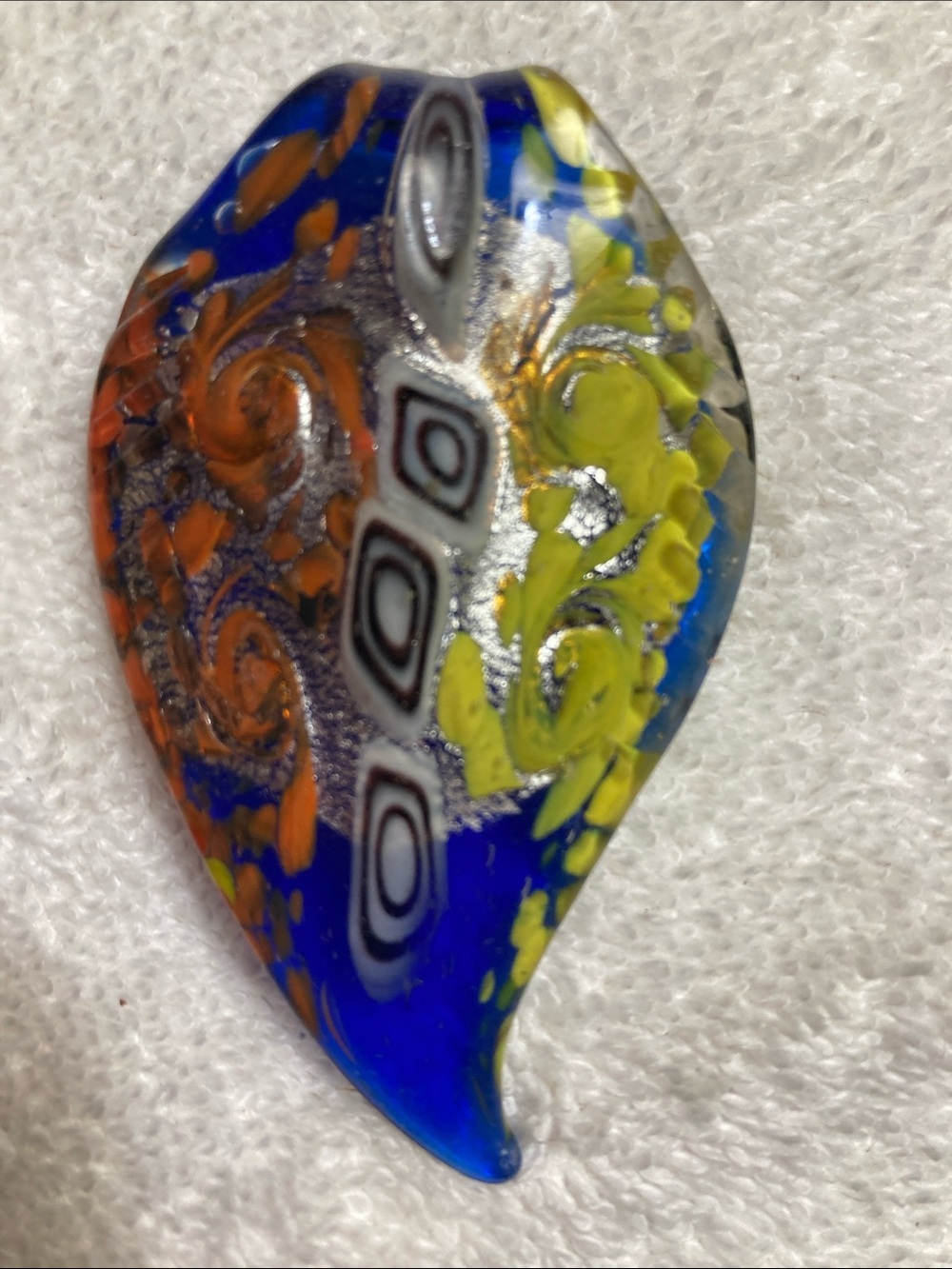 Handmade Glass Leaf Pendant Necklace in Blue, Yellow & Orange